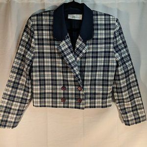 Vintage Two Roads Plaid Blazer Womens' cropped 9 Large L Navy Blue White collar